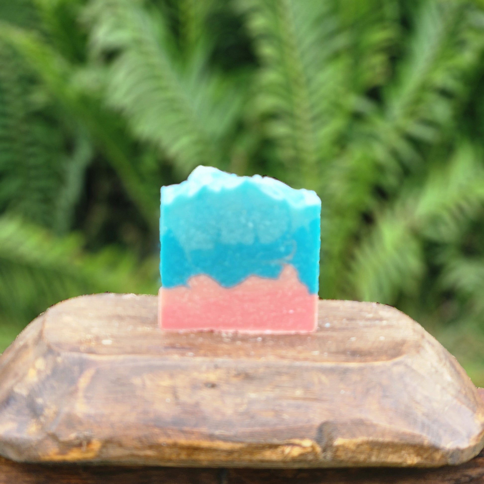 A handmade rectangular bar of soap with a two-tone blue and pink design, displayed on a rustic wooden block with a blurred green fern background.
