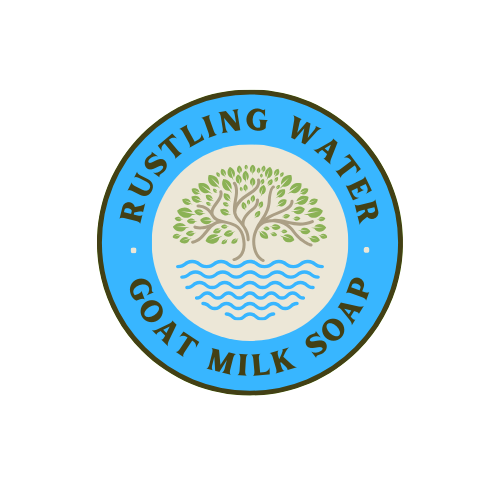 Logo of Rustling Water Goat Milk Soap with a tree and water design on a white background