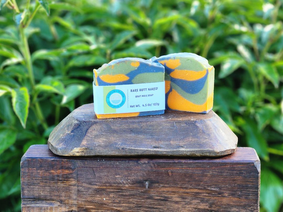 Two bars of soap with a colorful design on a wooden block against a green leafy background