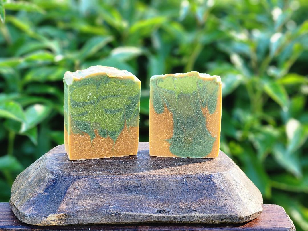 Two green and brown soap bars on a wooden stand with a natural background