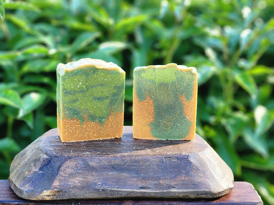 Two green and brown soap bars on a wooden stand with a natural background