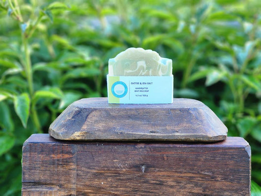 Green soap bar on a wooden block with a blurred green plant background