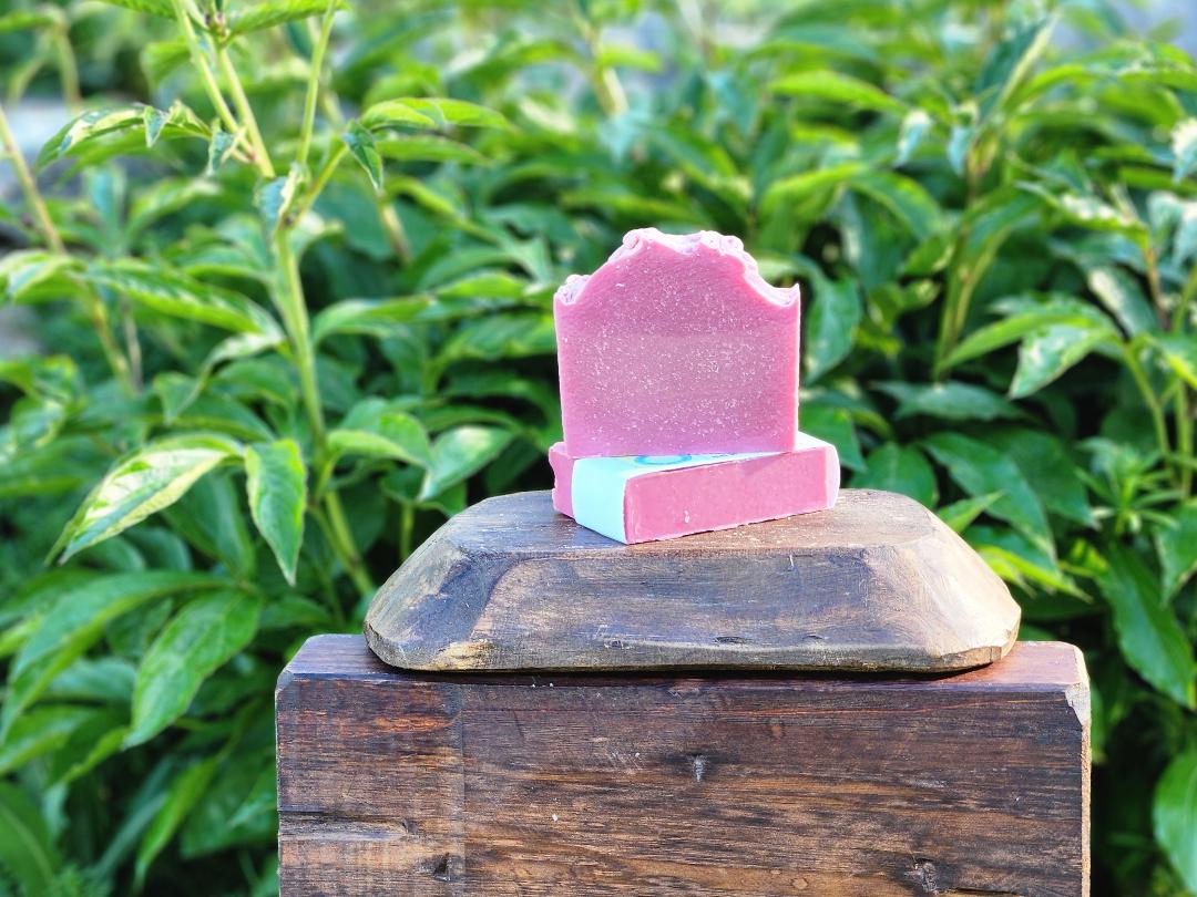 Pink soap bar on wooden display with leafy background.
